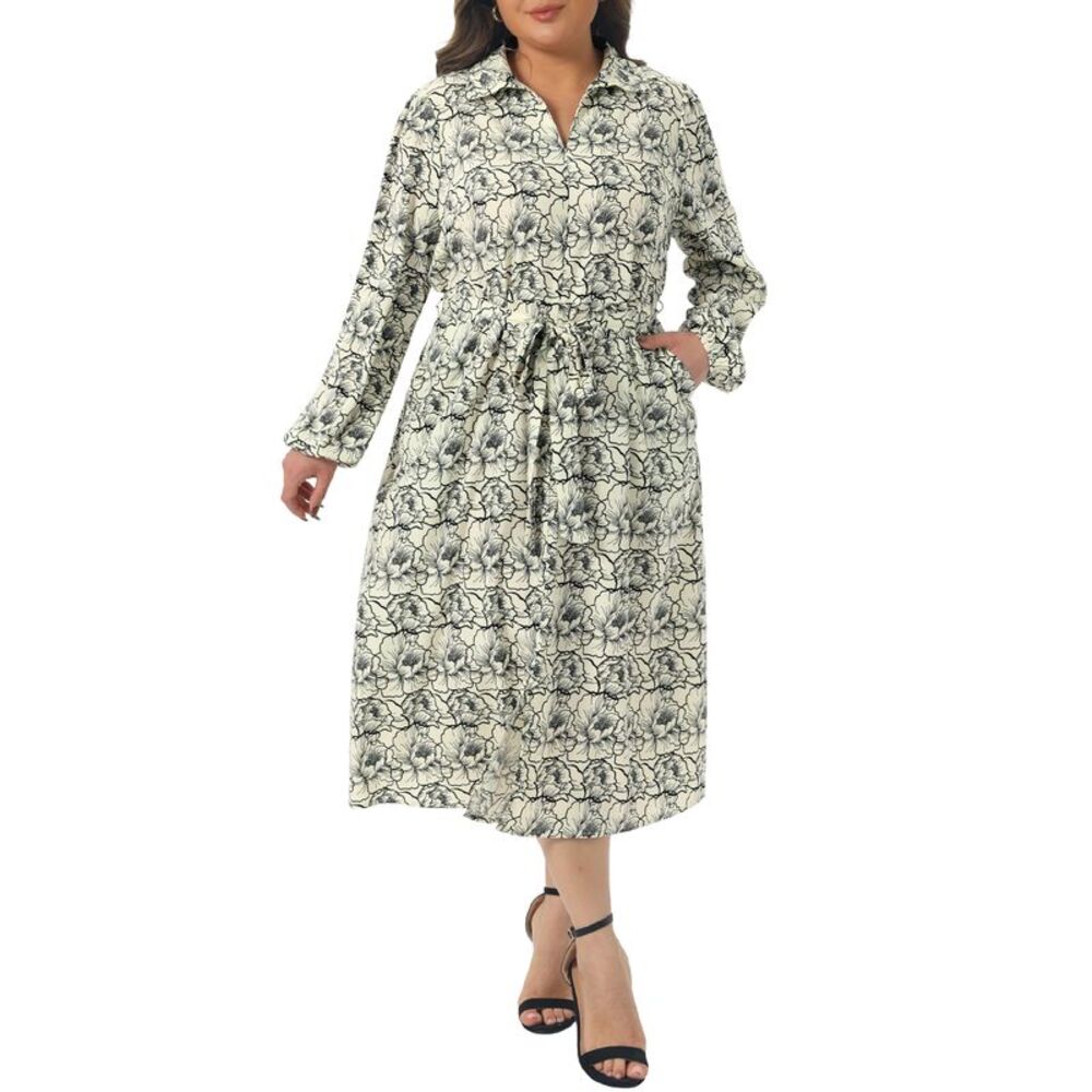 Womens Plus Size Floral Polo Long Sleeve Belted Midi Dress Beige